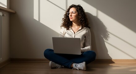 Young Woman Using Laptop While Sitting on Floor in Sunlit Room