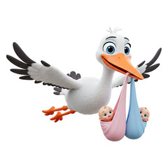 Cartoon Stork Delivering Twin Babies in Pink and Blue Bundles
