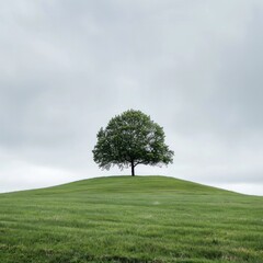 Obraz premium Single tree on a hill in a green field