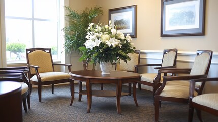 Spacious, inviting waiting area with comfortable seating and a centerpiece of white flowers