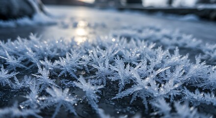 Close-Up of Sparkling Ice Crystals on Frozen Water