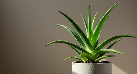 Closeup of a Potted Aloe Vera Plant in Soft Sunlight Against a Neutral Background