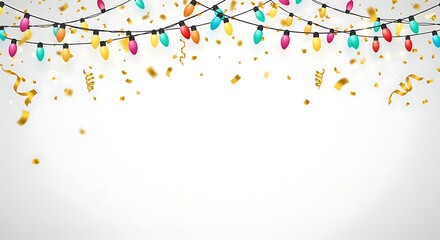 Fototapeta premium Colorful String Lights and Gold Confetti on White Background