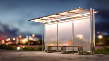Fototapeta premium Modern Bus Stop Shelter in Urban Environment with Blurred Background and Clear Sky with copy space for text 