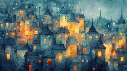 Obraz premium Watercolor Village Scene at Dusk with Illuminated Windows and Soft Light