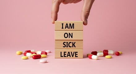 Hand Arranging Wooden Blocks Spelling Sick Leave on Pink Background with Pills