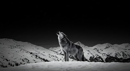 Howling Wolf in Snowy Mountains at Night