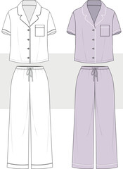 Women's pajamas notch collar top and relaxed fit pants set fashion drawing, technical flat sketch illustration. Nightwear, home wear , lounge wear set for women. Cad, Mockup. 