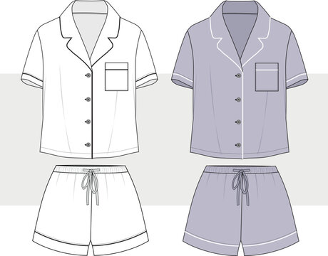 Women's pajamas notch collar top and short set fashion drawing, technical flat sketch illustration. Nightwear, home wear , lounge wear set for women. Cad, Mockup. 
