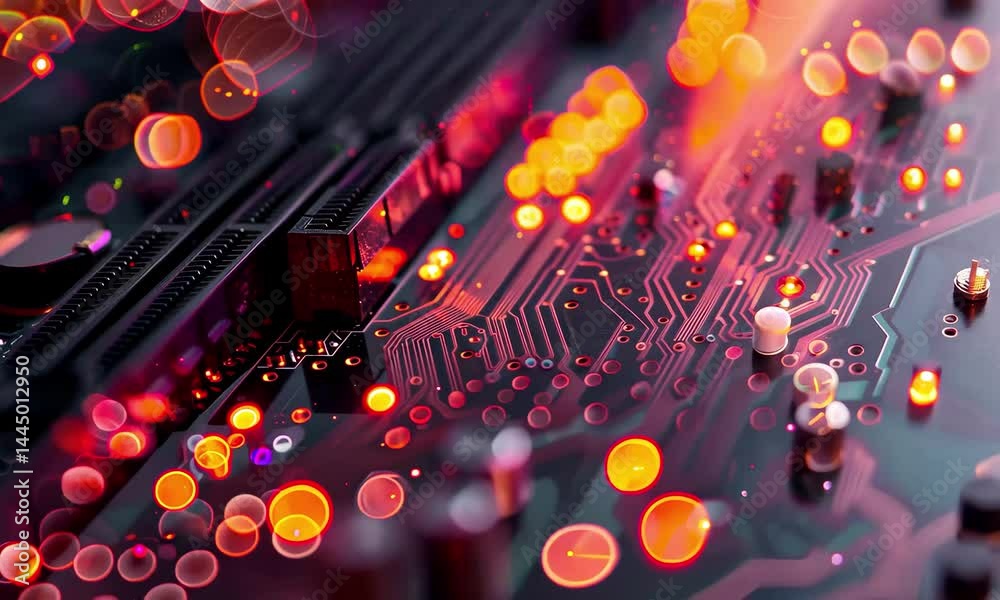 Poster a detailed view of a computer circuit board with glowing orange and red lights, emphasizing the comp