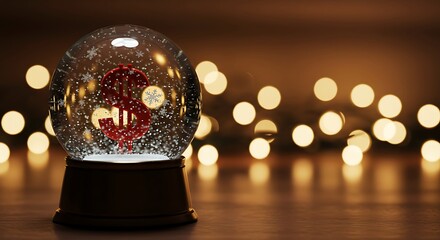 Red Dollar Sign Snow Globe with Warm Bokeh Lights