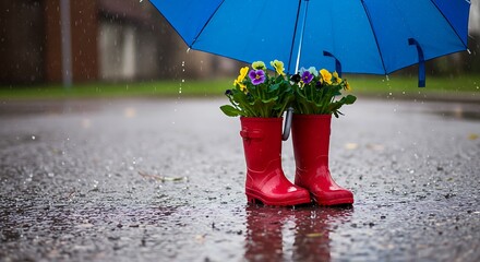 Red Rain Boots with Blooming Pansies Under a Blue Umbrella