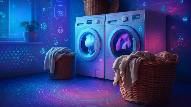 Smart Laundry Room with Futuristic Washing Machines, Digital Controls and Colorful Lighting for Modern Home


