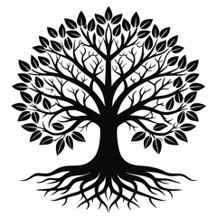 Obraz premium Silhouette Tree of Life with Roots and Leaves, Black Isolated on White Background