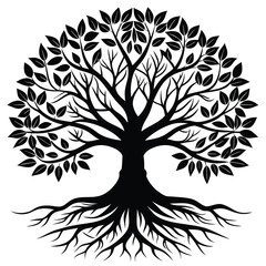 Obraz premium Silhouette Tree of Life with Roots, Branches, and Leaves Black and White Isolated