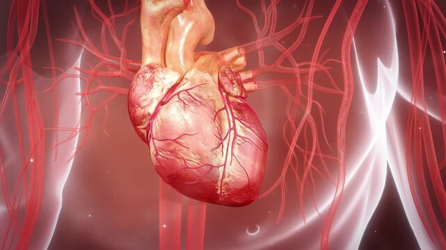 Heart disease and clogged arteries. Heart attack, coronary artery disease, myocardial infarction, atherosclerosis and plaque blockage. Medical concept of cardiovascular system diseases. 3D animation