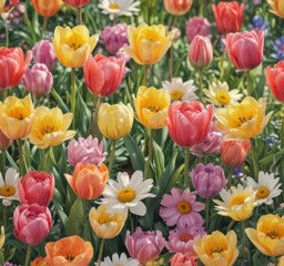 Fototapeta premium Close-up watercolor of colorful blooms; tulips, roses & daisies in sunlit scene, graphic, print