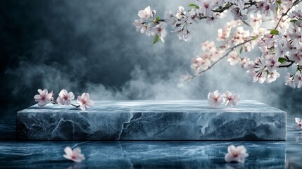 Dark Moody Blue Stone Platform with Cherry Blossoms and Mist