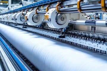 Close-up of industrial textile machinery producing fabric rolls.