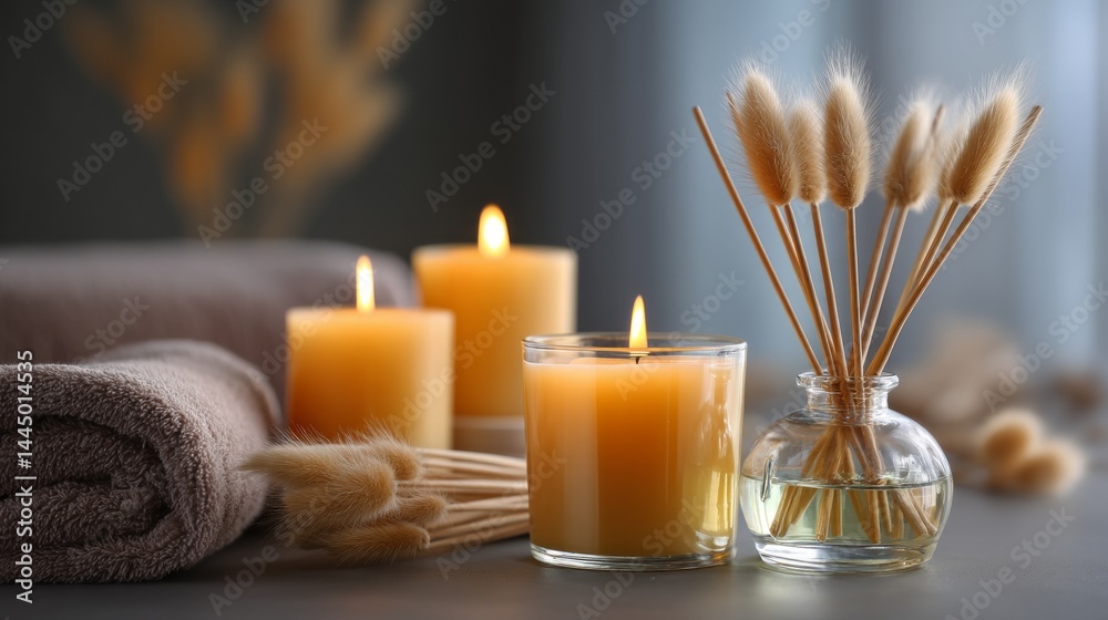 Poster Flickering candles cast a warm glow, while aromatic reeds release calming scents. Soft towels add a touch of comfort to this tranquil home setting, perfect for relaxation