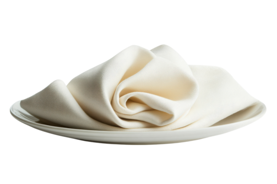 Elegant cream napkin folded artfully on white plate soft texture simple background