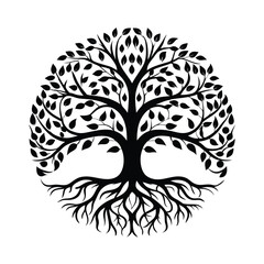Black and White Tree of Life Silhouette Circular Symbol with Branches and Roots
