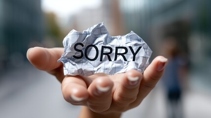 Apologetic female holding wrinkled note expressing remorse and regret
