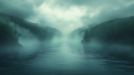 Naklejka premium Misty river valley shrouded in fog, dark green tones