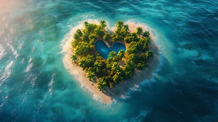 Heart shaped tropical island with palm trees. Suitable for romantic articles, travel or valentines.