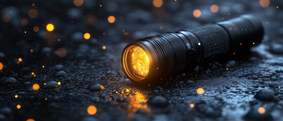 Flashlight on the ground: Bright flashlight light in the dark, glare and reflections, night atmosphere. Background for adventure stories, lantern ads, themed posters.
