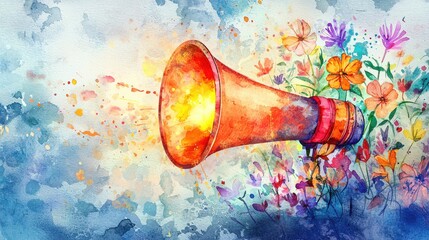 Whimsical Watercolor Illustration of a Glowing Megaphone Surrounded by Colorful Flowers