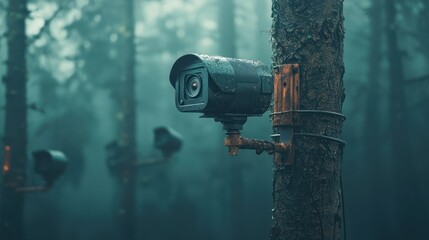 Surveillance cameras in a misty forest