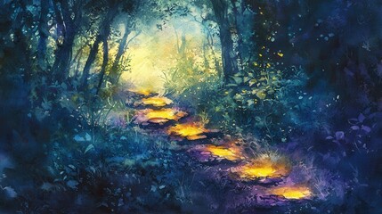 Whimsical Watercolor Illustration of a Mystical Pathway Through a Dark Forest Illuminated by Glowing Lights