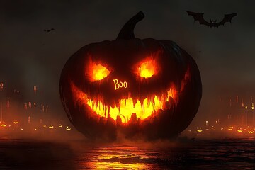 Glowing jack-o'-lantern, "Boo," city backdrop