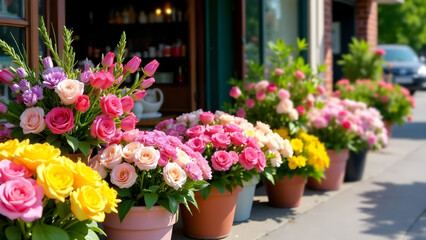 Colorful flower arrangements displayed outside flower shop with pots and bouquets in sunlight, concept of florist marketing garden center, spring decor.