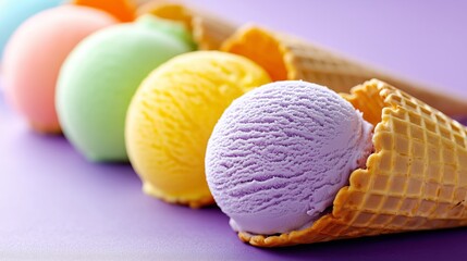 Colorful assortment of ice cream scoops in waffle cones displayed on a vibrant purple background