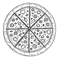 Minimalist Line Drawing of Delicious Pizza Slice on Plate