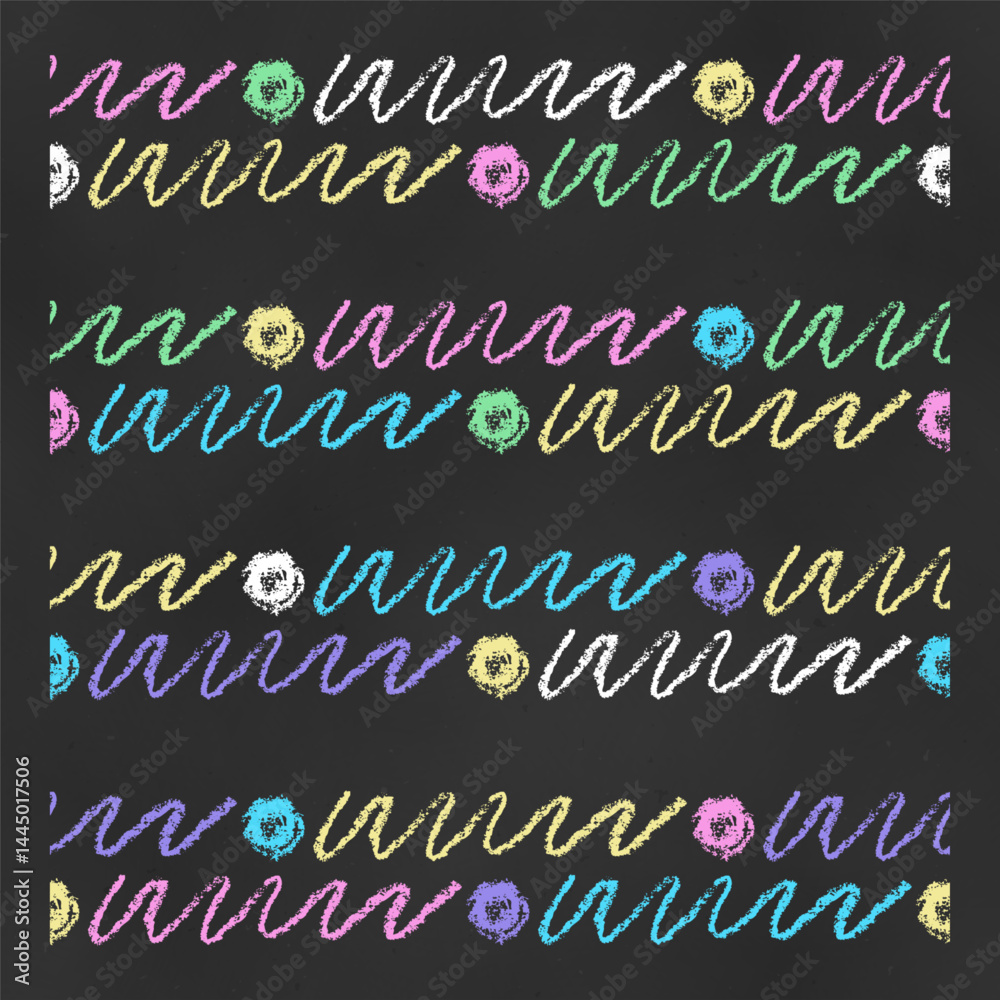 Wall mural Set of Horizontal Seamless Borders Chalk Drawn Sketches of Colored Scribbles.