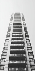 Naklejka premium tall building with modern design, showcasing minimalist aesthetic against gray sky