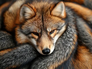 Fototapeta premium Close-up of a fox resting on soft fur, showcasing intricate fur patterns and intense gaze