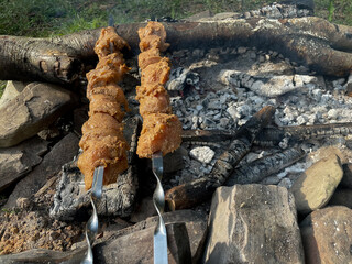 frying fried meat on fire in the woods