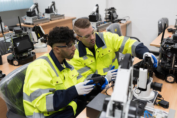 Assembling Robotic Arm. Engineer training and test programmable logic controller with AI robot training kit and mechatronics engineering in worksh