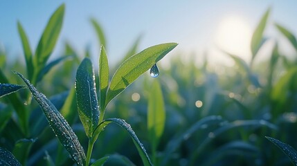 Dew-kissed tea leaves in sunrise