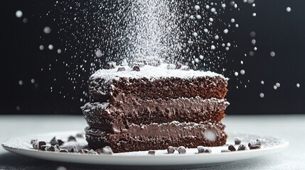 chocolate cake with powdered sugar Photography white back background