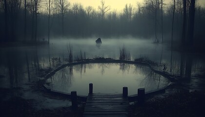 Misty lake, stone, wooden dock, autumnal forest