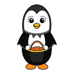 A cute Halloween penguin dressed in a festive costume, holding a basket filled with candy, ready for trick-or-treating in a chilly, spooky atmosphere. Perfect for Halloween fun!