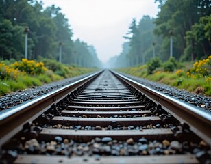 Fototapeta premium railway tracks through green landscape stretching into distance