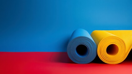 Blue and Yellow Yoga Mats on Red and Blue Background