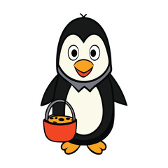 A cute Halloween penguin dressed in a festive costume, holding a basket filled with candy, ready for trick-or-treating in a chilly, spooky atmosphere. Perfect for Halloween fun!