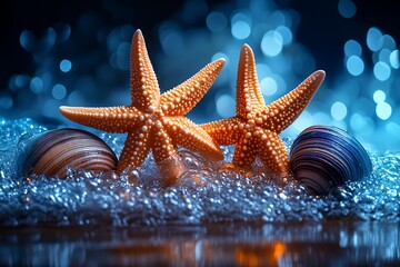 Two starfish nestled amongst seashells in bubbly, ocean-themed setting